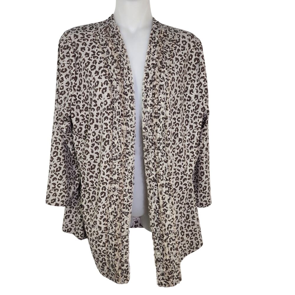 Chico’s Travelers Cardigan Womens Size 1 Medium Animal Print Open Front Ruffles